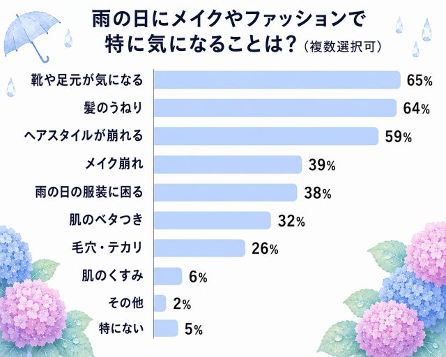 【調査】梅雨のおしゃれ、85％が悩みあり！髪と足元の悩みが上位に