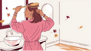 秋の抜け毛対策にスカルプブラシで頭皮をケアする女性のイラスト